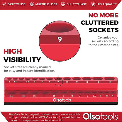 Olsa Tools Magnetic Socket Holder | 1/4-inch Drive | Metric | Red | Holds 26 - Image 2