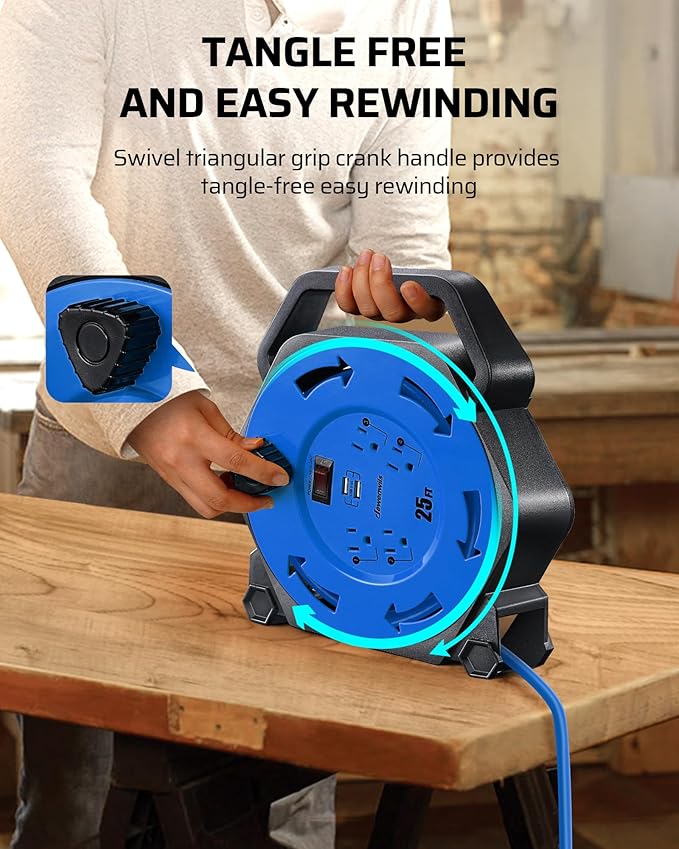 DEWENWILS Cord Reel with 4 Power Outlets, 2-USB Ports, 25FT Retractable - Image 5