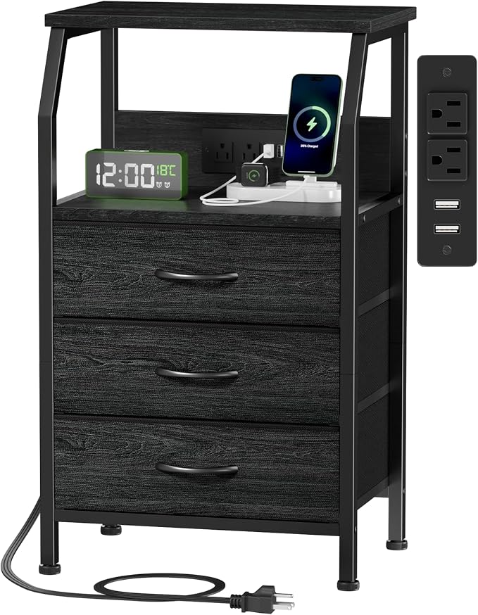 Furnulem Night Stand with Charging Station, 3 Drawers Bedside Table, Small by Furnulem