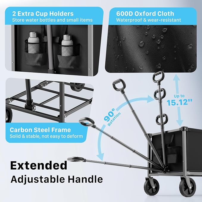 29.3" Collapsible Wagon Cart, 150L Heavy Duty Folding Utility Wagon - Image 7
