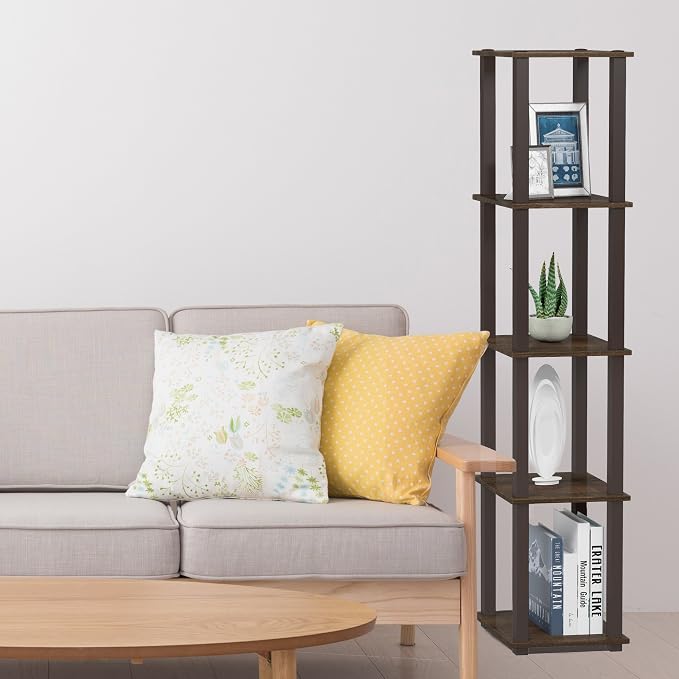 FURINNO Turn-S-Tube 5-Tier Corner Square Rack Display Shelf, Walnut/Brown - Image 2