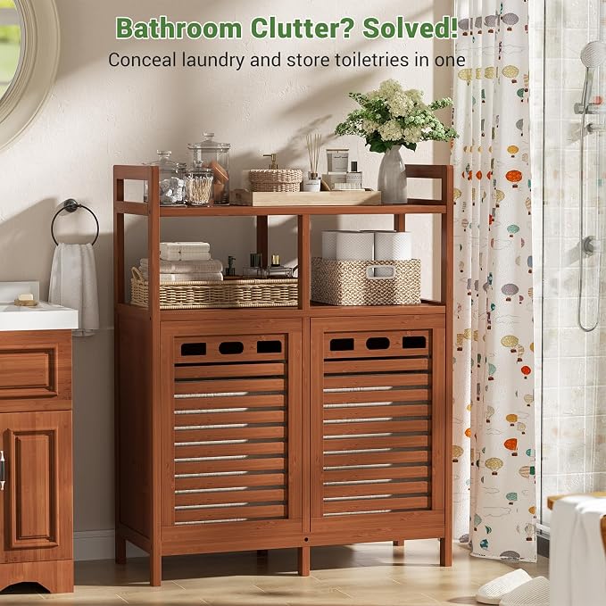 Homykic Tilt Out Laundry Hamper Cabinet, Bamboo Double Laundry Hamper - Image 2