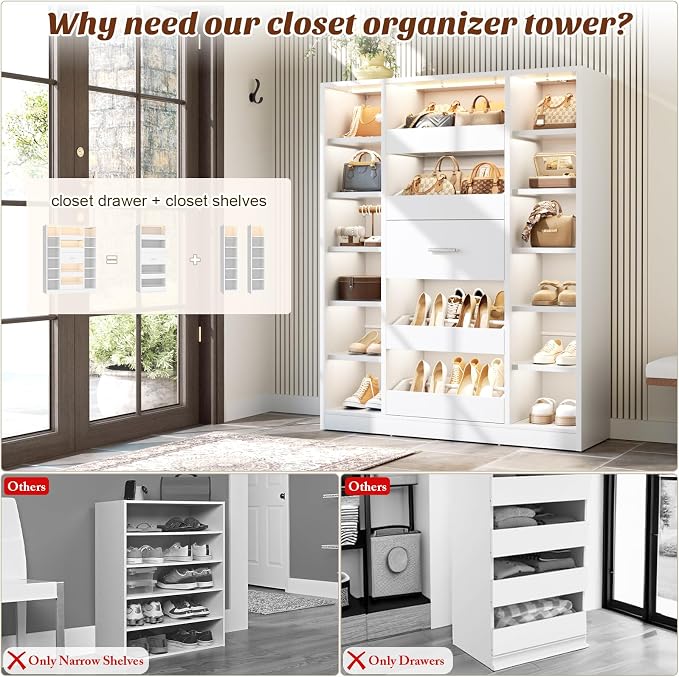 Besiost 40" Closet System with Lights, Wood Closet Organizer with 5 Drawers | - Image 3