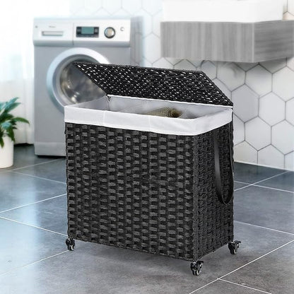 Giantex Laundry Hamper with Wheels and Lid, 125L Rattan Clothes Hamper with 2 - Image 8