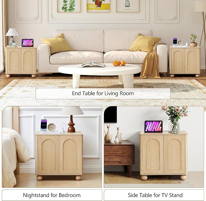 Bed Side Table with Charging Station, Mid Century Modern Nightstand with 2 Doors - Image 7