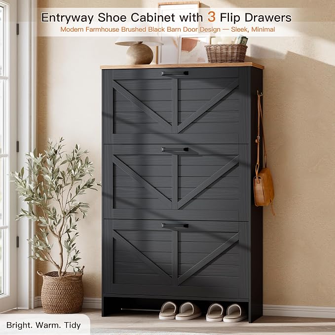 Nicetree Shoe Cabinet for Entryway, 3 Flip Drawers Shoe Storage Cabinet - Image 2