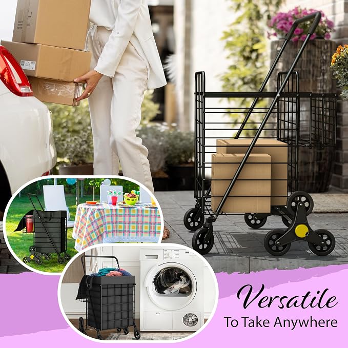 Stairs Climbing Shopping Cart w/Waterproof Basket Liner & 360° Swivel Wheels | - Image 5