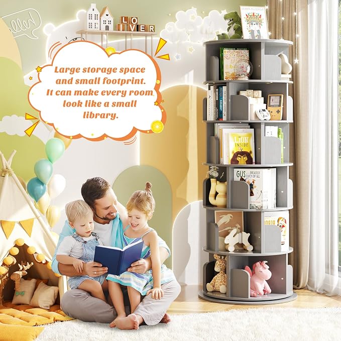 Aheaplus 6 Tier Rotating Bookshelf, Wood Spinning Bookshelf Tower, Round - Image 3