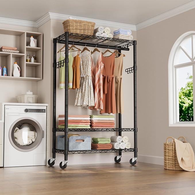 Heavy Duty Clothes Rack Rolling Garment Rack, 3 Tier Adjustable Wire Shelving - Image 7