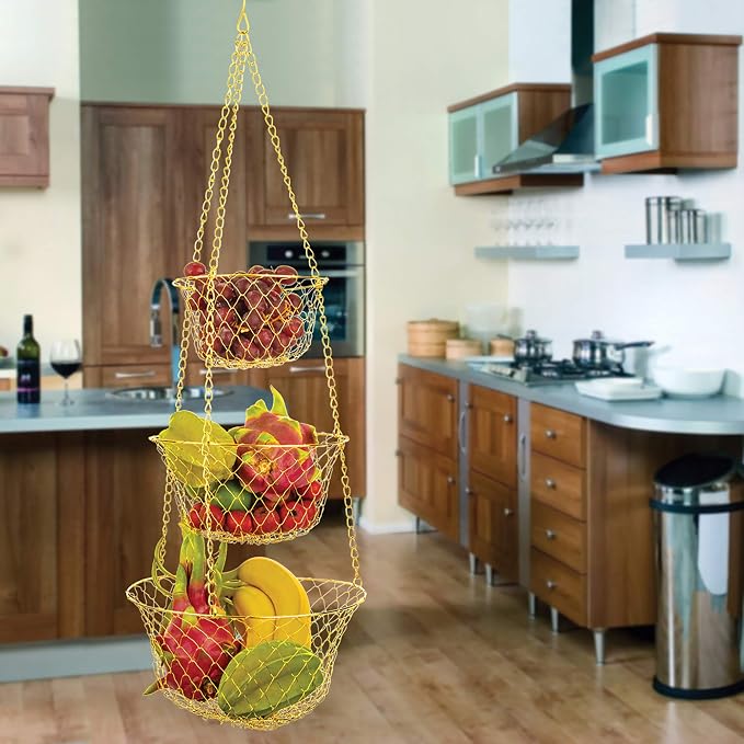 Fox Run 3-Tier Gold Kitchen Hanging Fruit Baskets - Image 2