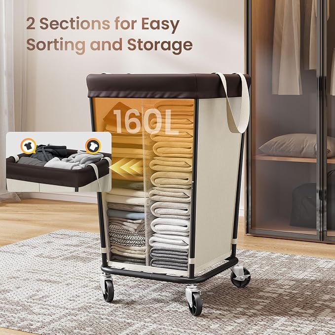 160L Laundry Basket with Wheels, 2-section Rolling Laundry Basket, Large - Image 4