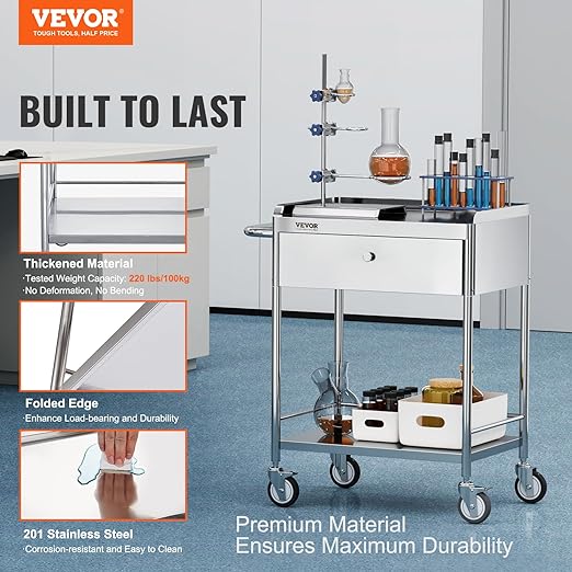 VEVOR Medical Cart, 2-Layer Stainless Steel Cart 220 lbs Weight Capacity - Image 2