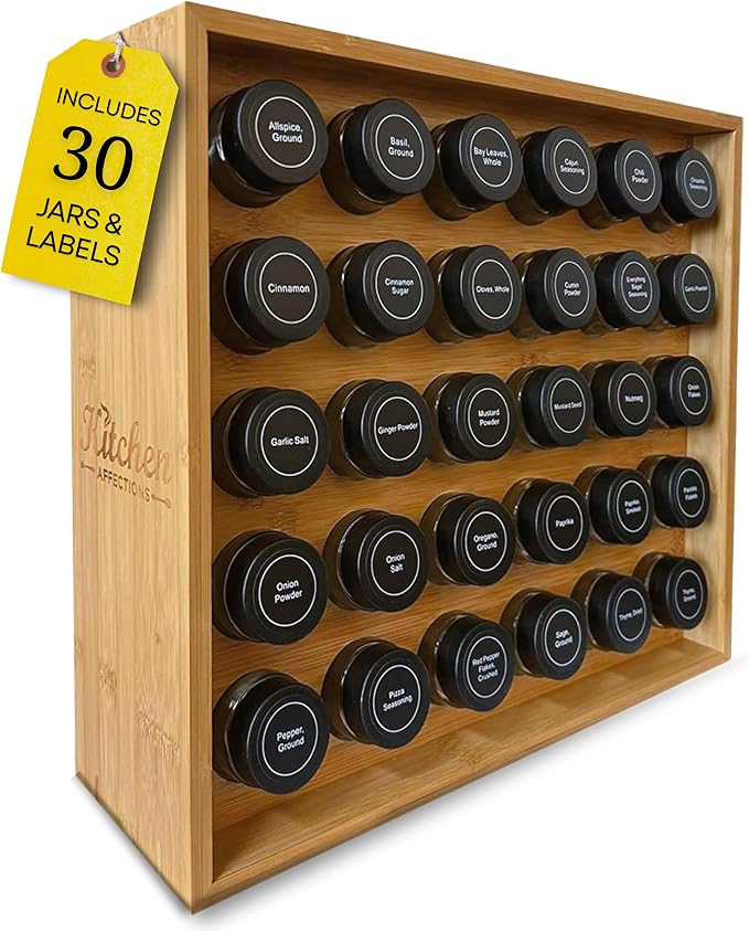 | Bamboo Spice Rack Organizer | 30 4 oz Spice Jars | 720 Labels | Funnel | by KitchenAFFECTIONS