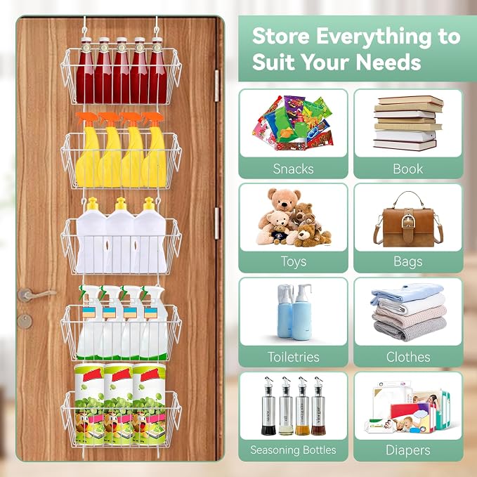 Over The Door Organizer – 5 Removable Hanging Baskets, Back of Door Storage - Image 5
