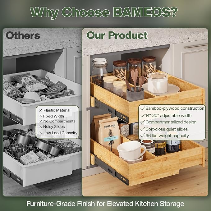 BAMEOS 2-Pack 14" to 20" Adjustable Width Soft Close Slide Out Bamboo Wood - Image 3