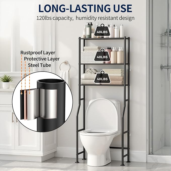 GloTika 3-Tier Over Toilet Storage Rack, Metal Over Toilet Bathroom Organizer - Image 6