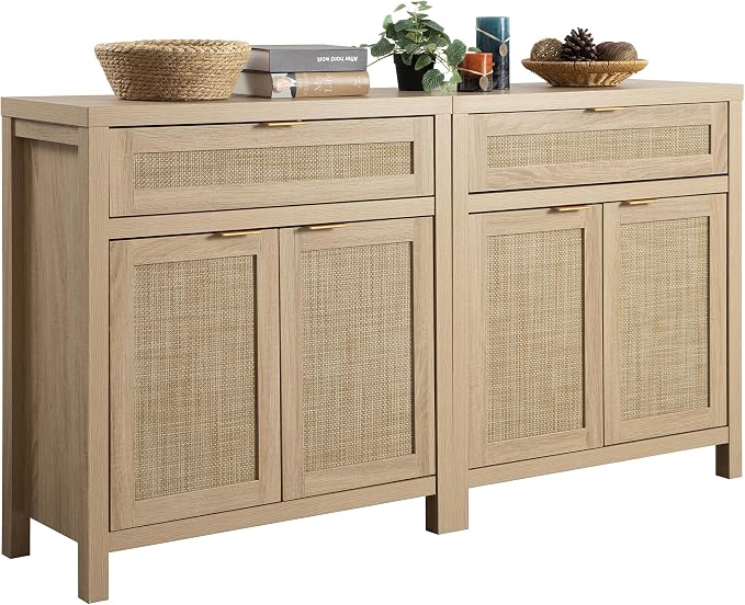 SICOTAS Sideboard Buffet Storage Cabinet Set of 2, Rattan Credenza Buffet Table by SICOTAS