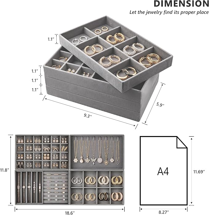 Jewelry Organizer for Drawer, Velvet Jewelry Drawer Organizer Inserts, 4-Layer - Image 2