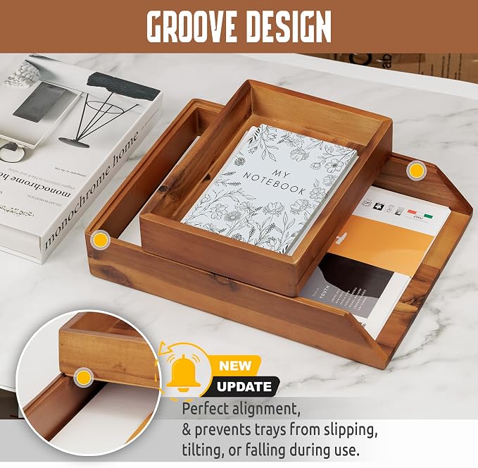 DEMIGO Desk Organizer Letter Tray Set of 2, Natural Acacia Wood Paper Tray | - Image 4
