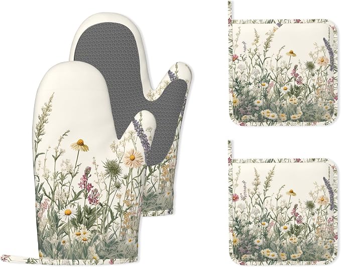 Wildflower Floral Oven Mitts and Pot Holders, Vintage Garden Flowers Heat by Unknown