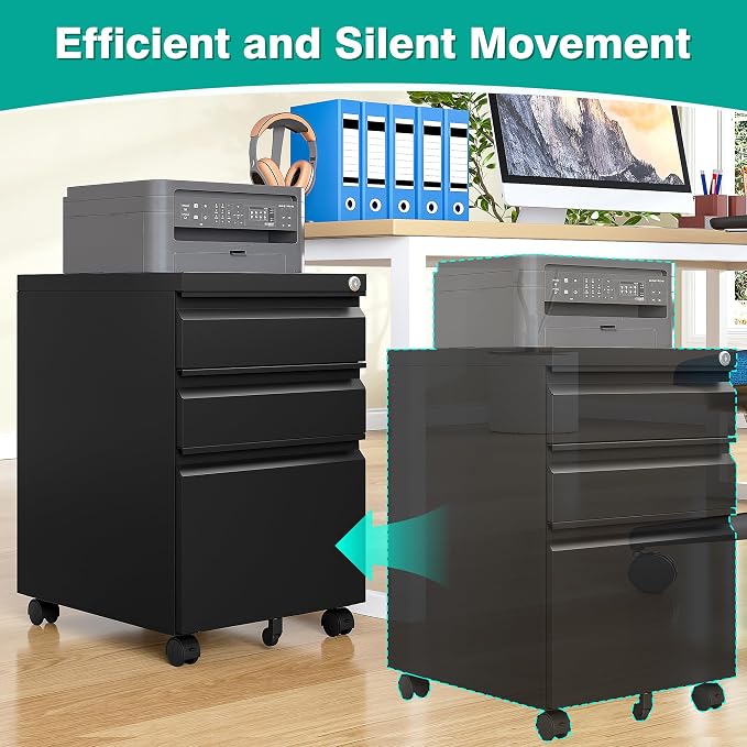3 Drawer File Cabinet with Lock, Under Desk File Cabinet with Wheels, Three - Image 8