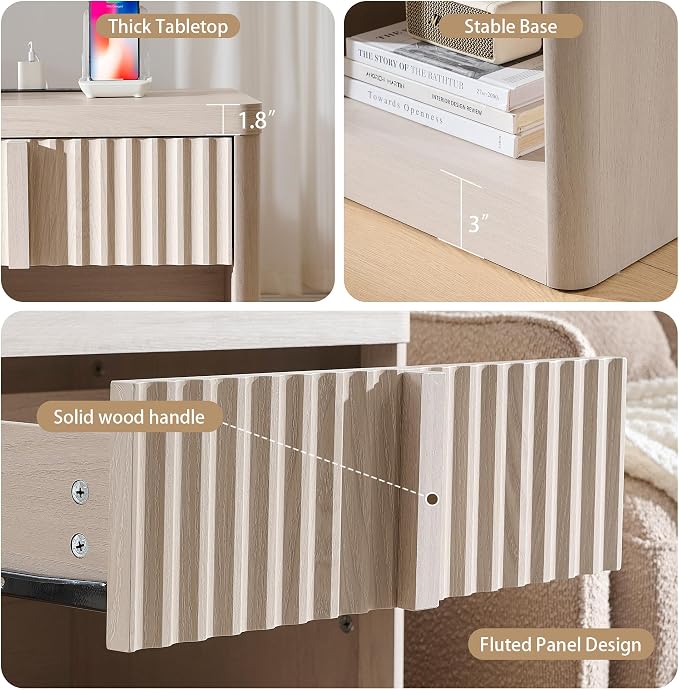 Fluted Nightstand with Charging Station, 23.6" End Table with Open Shelf and - Image 5