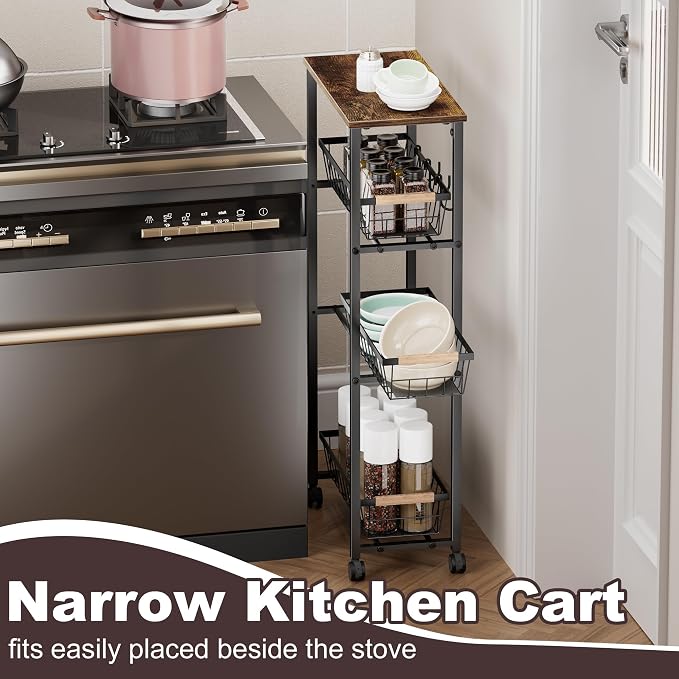 Narrow Rolling Cart with Wheels, 4-Tier Slim Metal Storage Cart with Pull-Out - Image 7