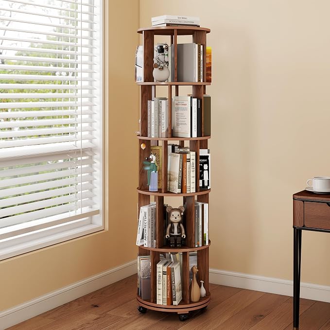 5-Tier Rotating Bookshelf on Wheels, 360° Spinning Bookshelf Tower, Round by LIMIRIX