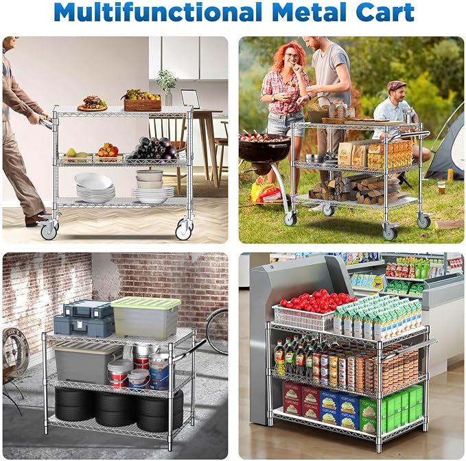 Leteuke 1120LBS Heavy Duty Rolling Utility Cart, 3 Tier Rolling Carts - Image 5