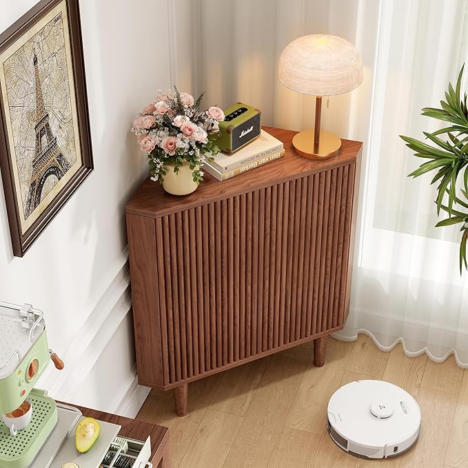 Fluted Floor Corner Kitchen Cabinet, Wooden Freestanding Cabinets Organizer - Image 4