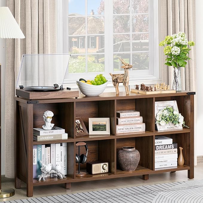 8 Cube Book Shelf, Farmhouse Wood Long Storage Organizer Bookcase, Hallway TV - Image 5