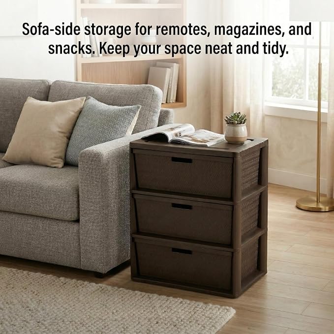 3 Drawer Wide Weave Storage Tower, Modern Style Decorative Freestanding Storage - Image 7