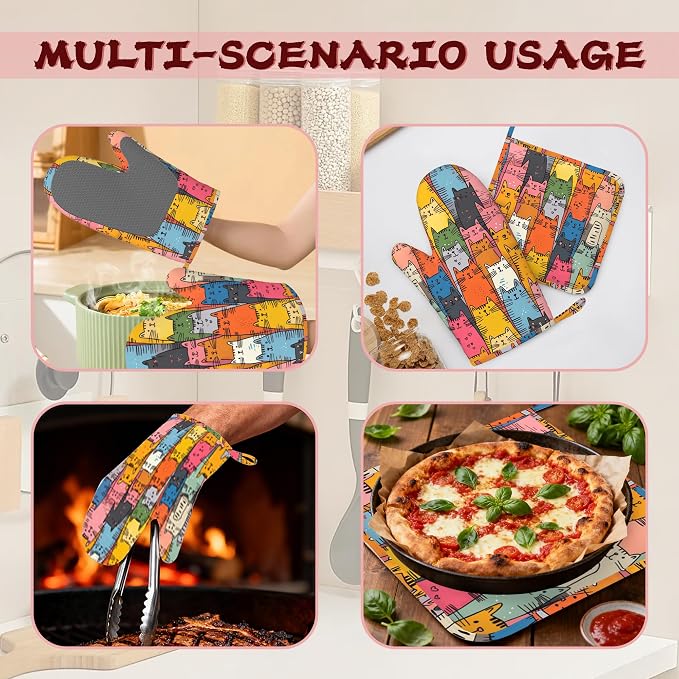 Funny Cat Oven Mitts and Pot Holders 4 Piece Set, Heat-Resistant Silicone Extra - Image 6