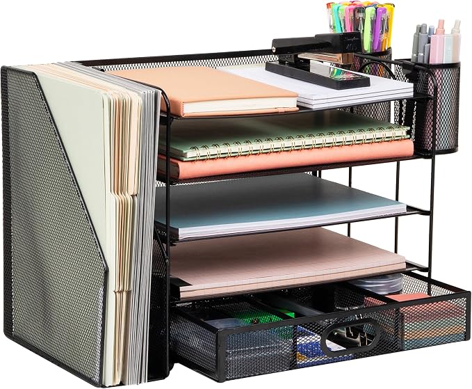 Mind Reader Mesh Desk Organizer, 4 Trays, 1 Drawer, File Holder, 2 Pen Cups by MindReader