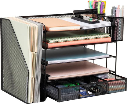 Mind Reader Mesh Desk Organizer, 4 Trays, 1 Drawer, File Holder, 2 Pen Cups by MindReader