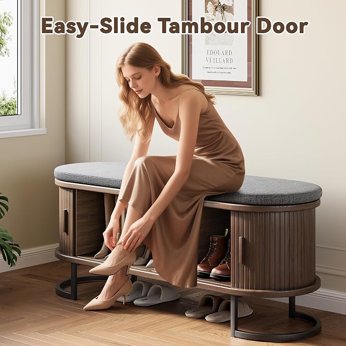 Decofy Shoe Storage Bench with Cushion and Sliding Doors, 47.2 Inch Shoe Bench - Image 3
