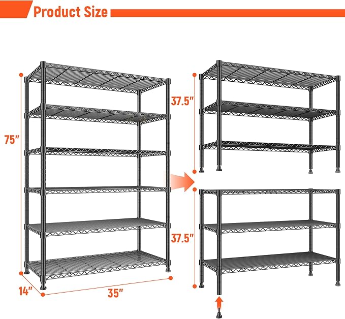 REIBII 75" H Metal Shelving 6 Tier Storage Shelf Adjustable Kitchen Shelf Wire - Image 3