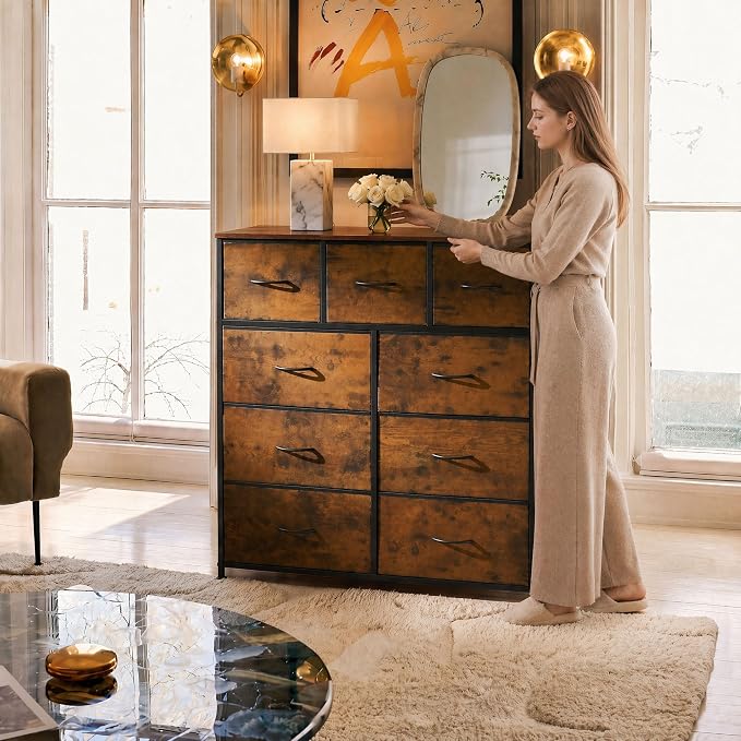 WLIVE Tall Dresser for Bedroom, 9 Drawer Chest of Drawers, Rustic Brown | 9 - Image 2