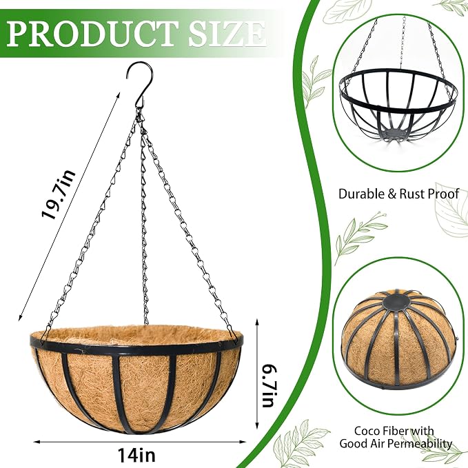 Hanging Planters for Outdoor Plants 4 Pack 14 inch Metal Hanging Flower Basket - Image 6