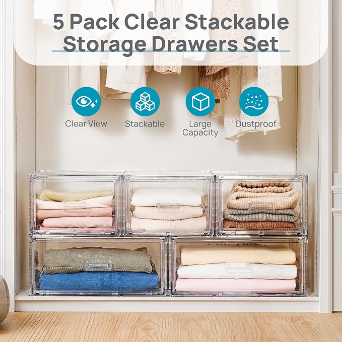 Vtopmart 5 Pack Large & Medium Stackable Drawer Organizer Set, Easy Assembly - Image 3