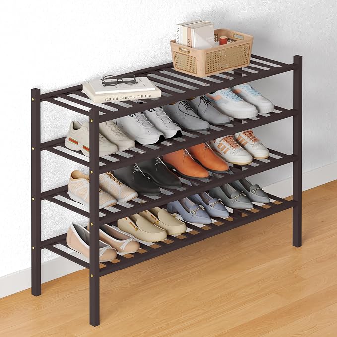 Smiry Bamboo Shoe Rack for Closet, 4 Tier Long Wooden Stackable Shoe Organizer by Smiry