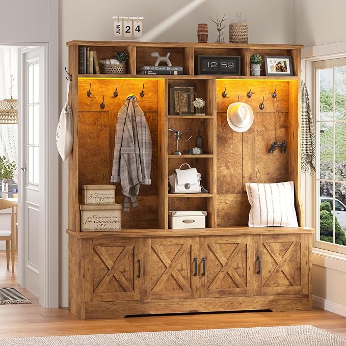 CSZZD Hall Tree with Bench and Shoe Storage, Farmhouse Entryway Bench with Coat - Image 8