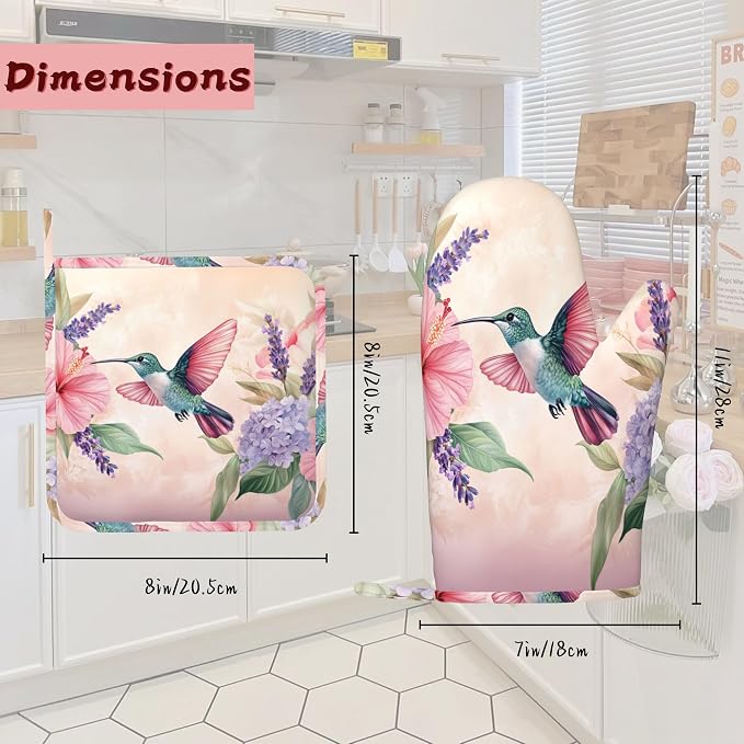 Hummingbird Heat-Resistant Silicone Oven Mitts and Pot Holders 4 Piece Set - Image 2