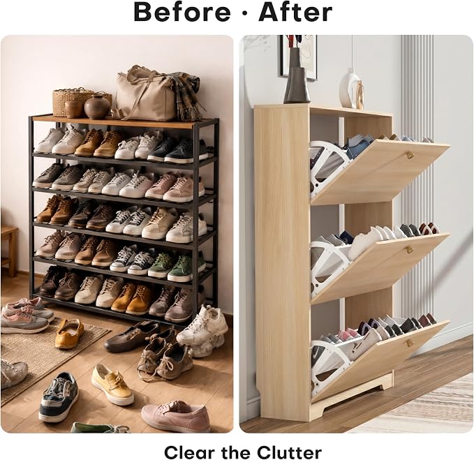 Nicetree Shoe Cabinet with 3 Flip Drawers, Entryway Storage, Natural Oak | - Image 5