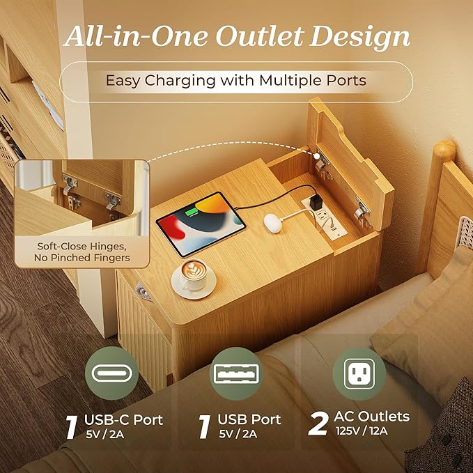 Huuger Narrow Nightstand with Charging Station, USB-C Port, Fluted End Table - Image 4