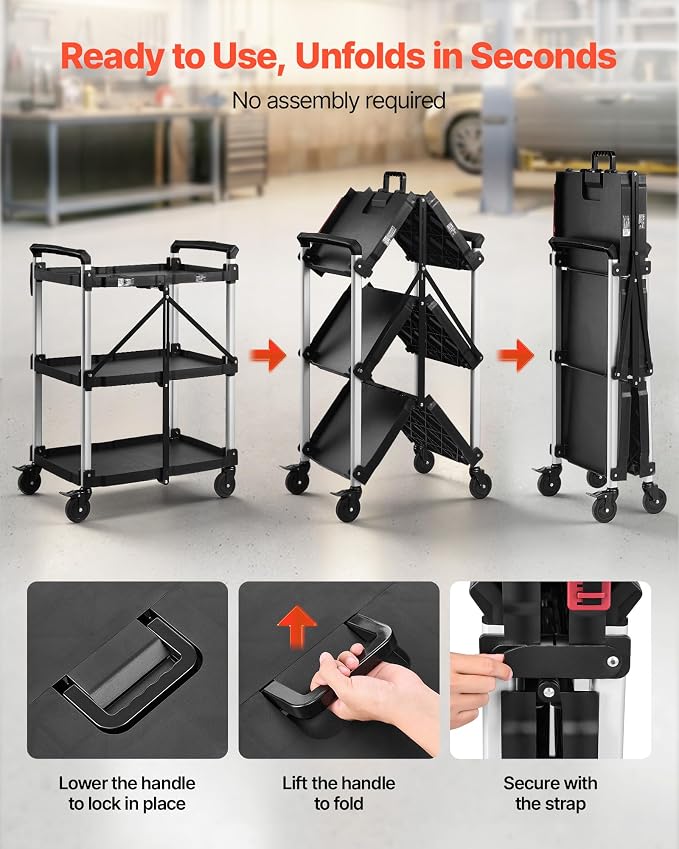 VEVOR 3 Shelf Heavy Duty Folding Jobsite Cart, 3 Tier Rolling Cart - Image 6