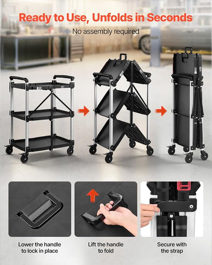VEVOR 3 Shelf Heavy Duty Folding Jobsite Cart, 3 Tier Rolling Cart - Image 6