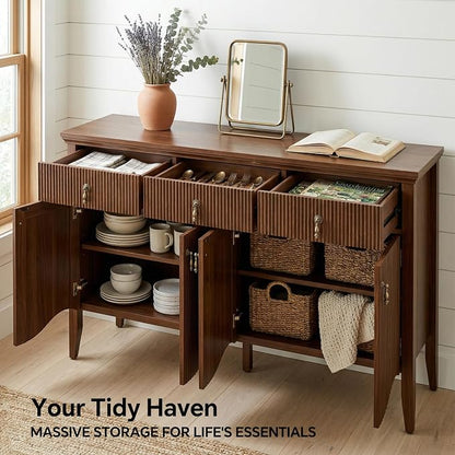 FUSUNBAO 57" Fluted Sideboard Buffet, Retro Storage Cabinet, Walnut | 3 Drawers - Image 4