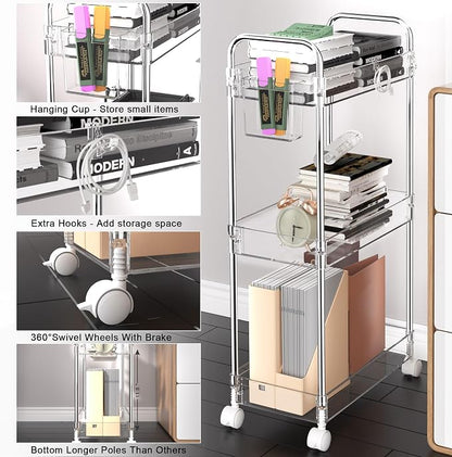 SPACEKEEPER 3 Tier Acrylic Storage Rolling Cart Clear Bathroom Cart Organizer - Image 3
