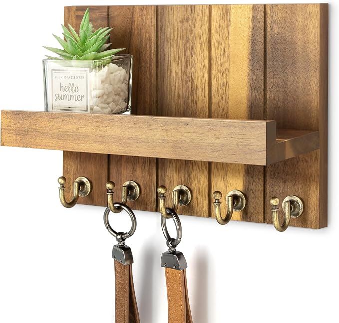 Rebee Vision Acacia Wood Key Holder Wall Mount – Farmhouse Key Holder by REBEEVISION